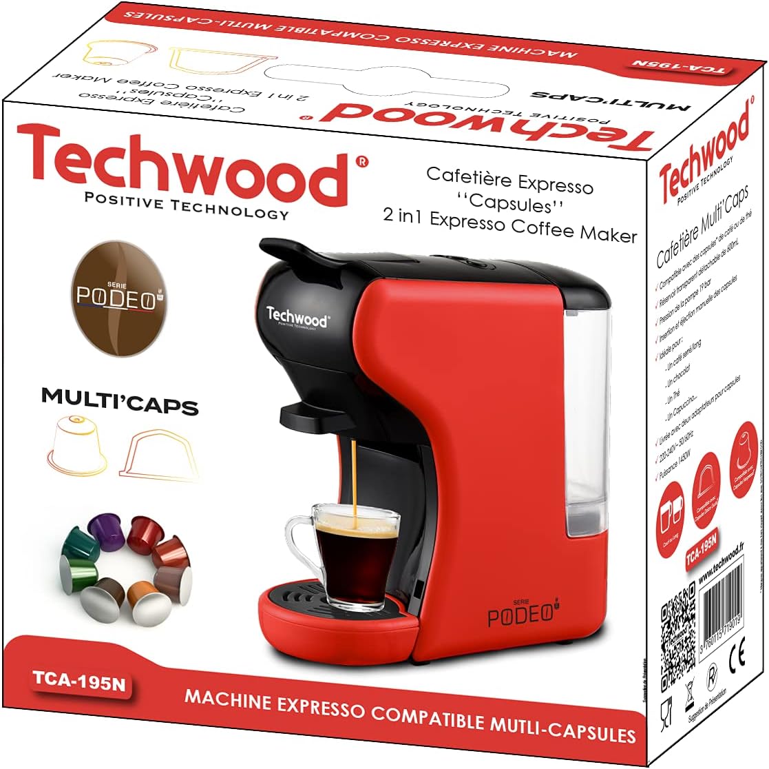 Techwood Caffettiera Expresso Multi-Capsule, Rosso Techwood Caffettiera Expresso Multi-Capsule, Rosso