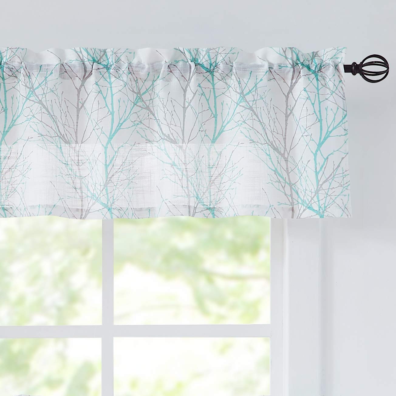FMFUNCTEX Tree Print Semi Sheer Valance Curtain for Windows 15 Inch Length Branch Patterned Kitchen Valance for Bathroom Rod Pocket Window Treatment 1 Panel, 50 x 15 Inches, Aqua