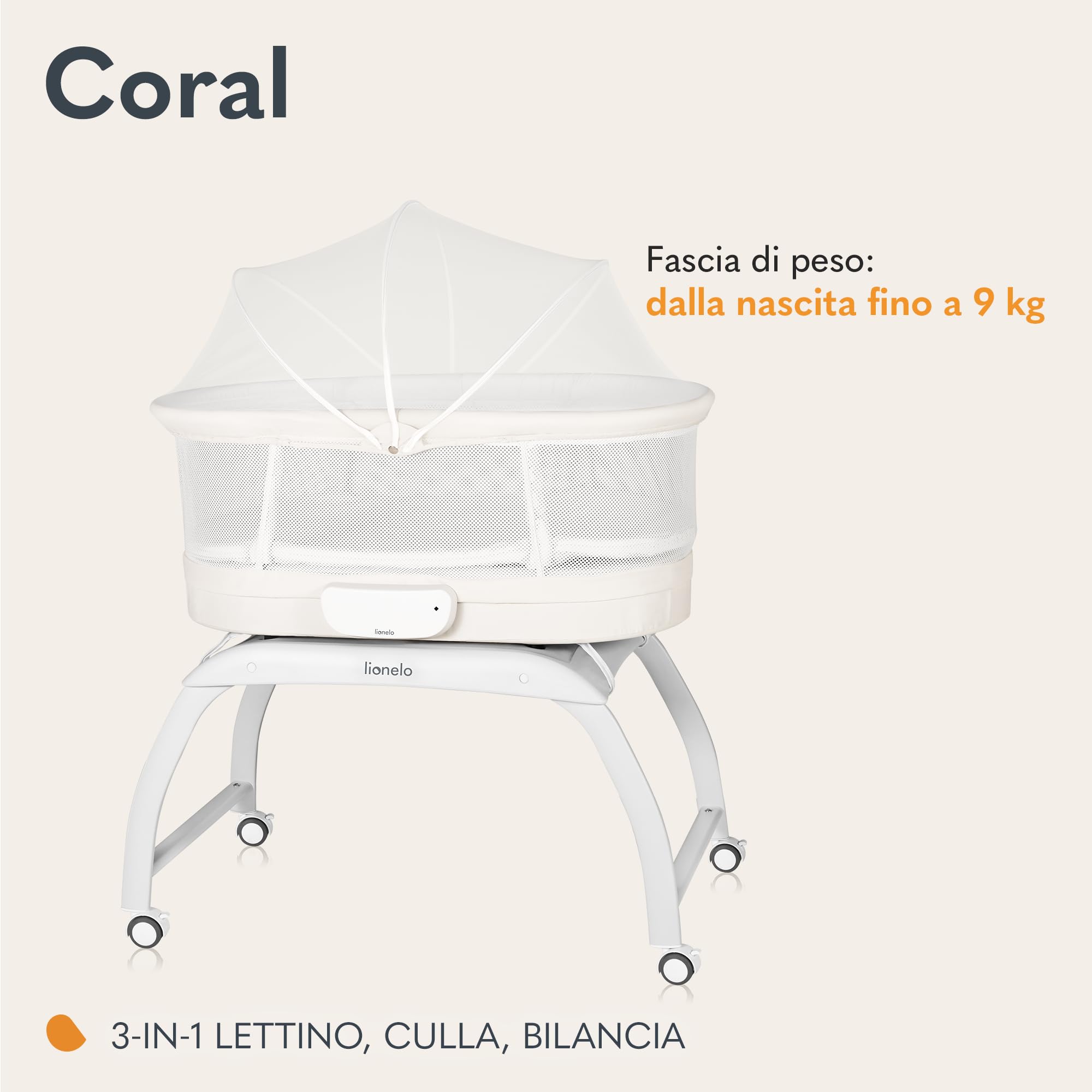 lionelo Lettino, Sdraietta dondolo e culla CORAL 3in1 per Neonati, 5 velocità di altalena, 12 melodie, 4 ruote, materasso ergonomico, timer, telecomando, zanzariera, fino a 9 kg