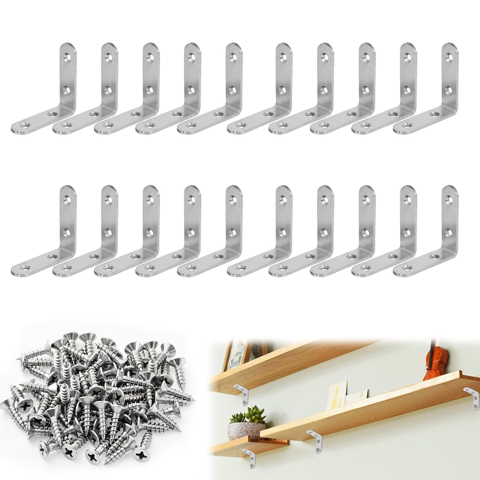 20 Piece Angle Brackets, L Shaped Brackets for Wood, L-Shaped Brackets, Right Angle Bracket, Corner Bracket with Screws, L Bracket, for Wood Furniture Fixation