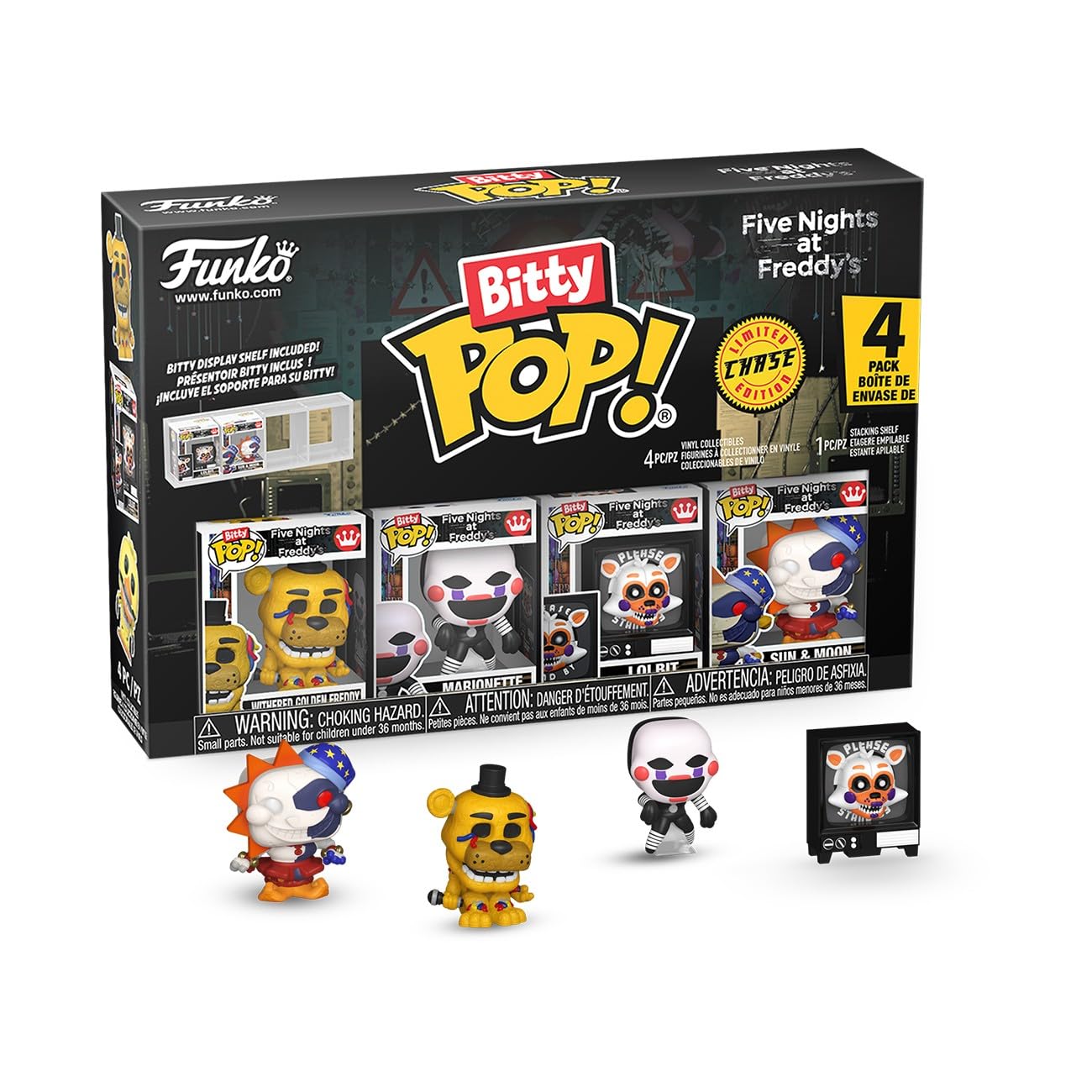 Funko Bitty POP! 4 Pack: Five Nights at Freddy's - FNAF - Golden Freddy, Marionette, Lolbit, Sun & Moon - 1 in 6 chance of receiving the rare Chase variant - Styles may vary - 0.9 inch (2.2 cm)