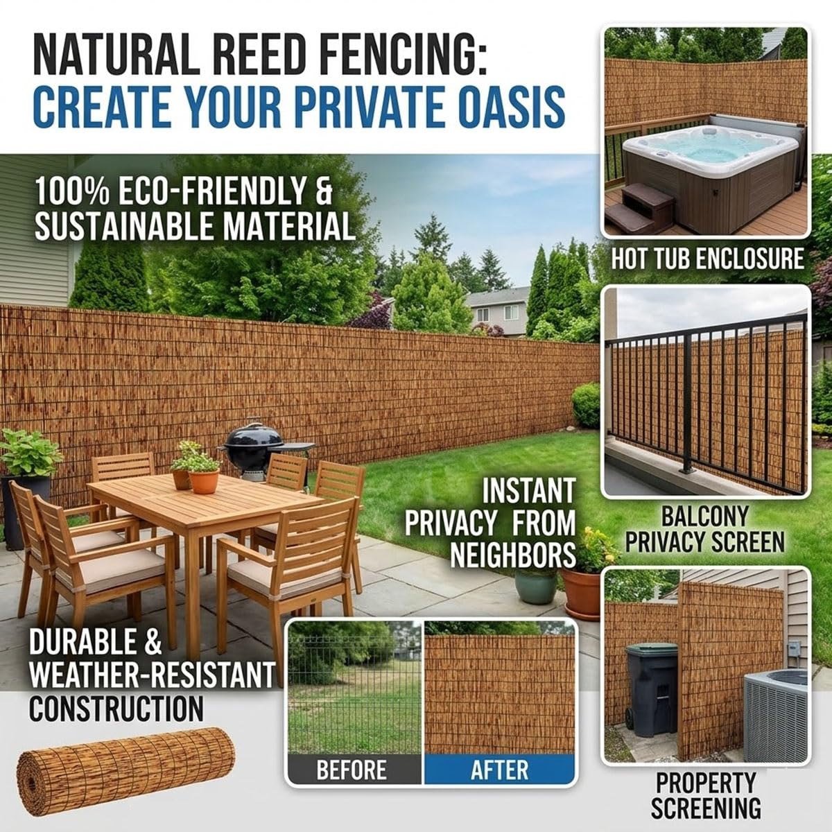Canisse en Roseau Naturel Protection Contre Regards Rouleau de Clôture en Roseau pour Jardin Extérieur 1.2x5m Brise-Vue pour Balcon et Terrasse(Brun,1.8mx5.0m)