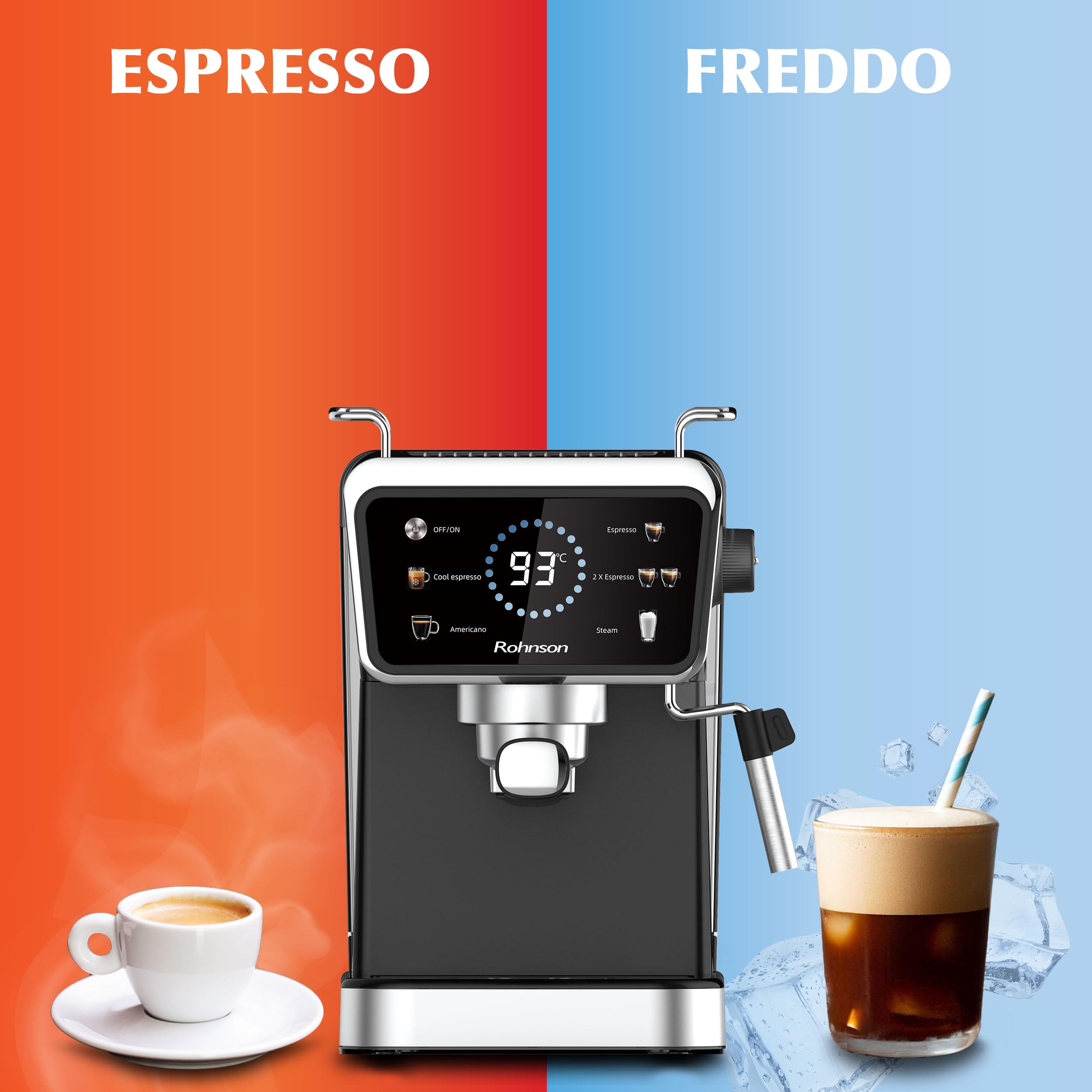 Rohnson Macchina per Espresso Caffè Macinato, Pompa da 20 Bar, Serbatoio Acqua Rimovibile da 1,5 L, 1350W, Tecnologia Caldo e Freddo, Lancia Vapore per Latte, Facile da Pulire, Design Efficiente