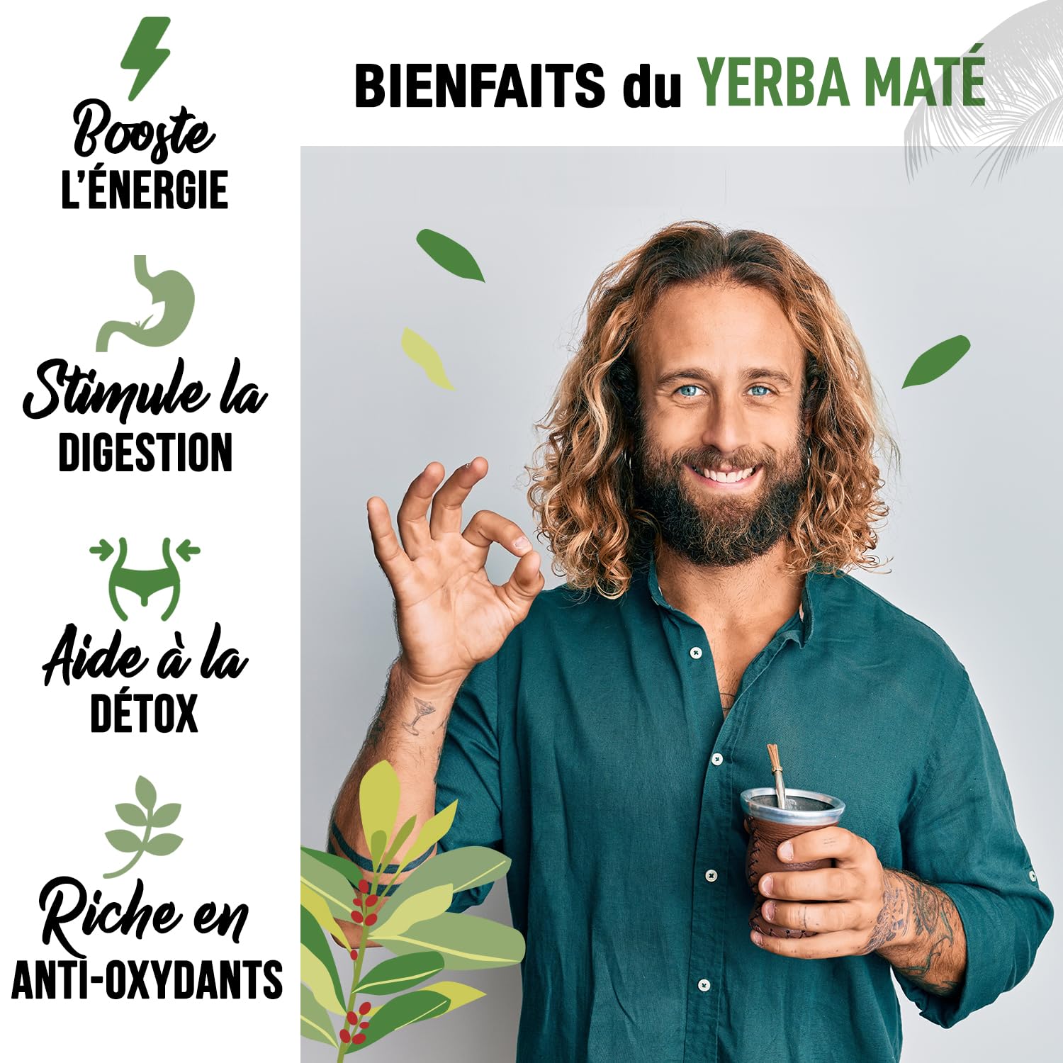 ORIGEENS YERBA MATE BIO 1KG L'Original - Yerba Maté Vert Non Fumé, Récolté à la main - Feuilles, Sans Tige, 0 Poussière - Boisson Energie et Detox
