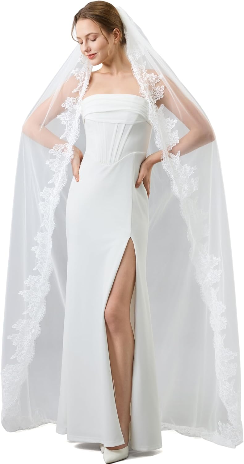 1 Tier Lace Veil Bridal Veil with Metal Comb, Wedding Veils for Women in Ivory & White, Multiple Lengths Available