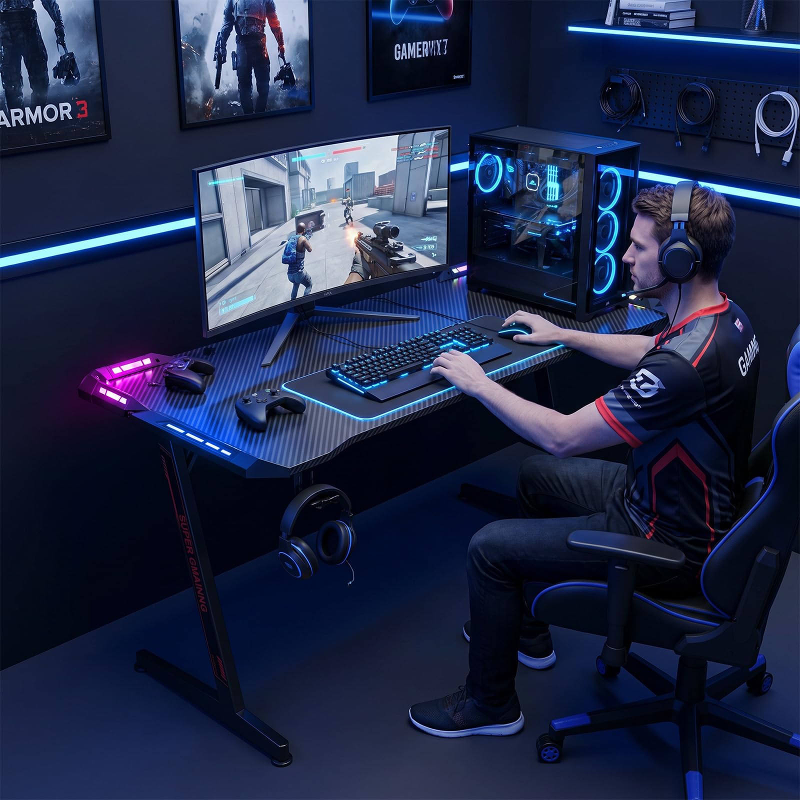 120 x 60 cm Gaming Tisch mit LED Desk mit Kopfhörerhaken und Getränkehalter | PC Tisch Gaming mit Kohlefaseroberfläche, Z-Form Gamer Schreibtisch Stabiler Computertisch für Gaming Home Office, Schwarz