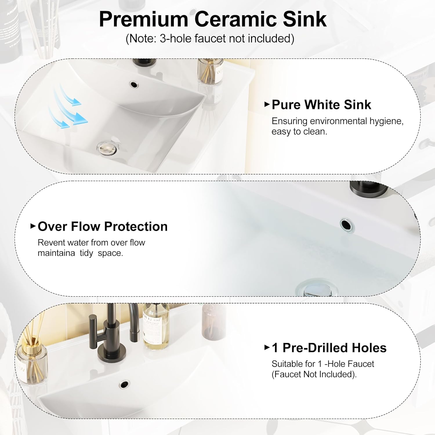 Freestanding Bathroom Vanity with Ceramic Sink, Large Storage Cabinet with Drawers, Metal Handles,Modern Undermount Sink Vanity Combo for Master Bathroom, White (Recessed Panel, 18 Inch)