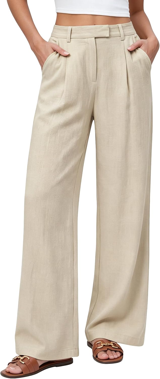 Allimy Womens Casual Wide Leg Pants High Waisted Business Trousers Dressy Back Elastic Linen Pants with Pockets