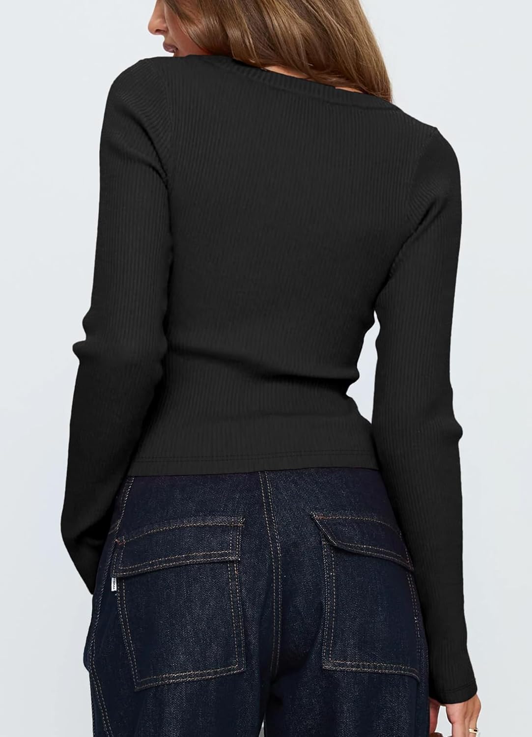 Women Button Up Fitted Cardigan Long Sleeve V Neck Cami Shirt Y2k Ribbed Crop Tops - Image 5