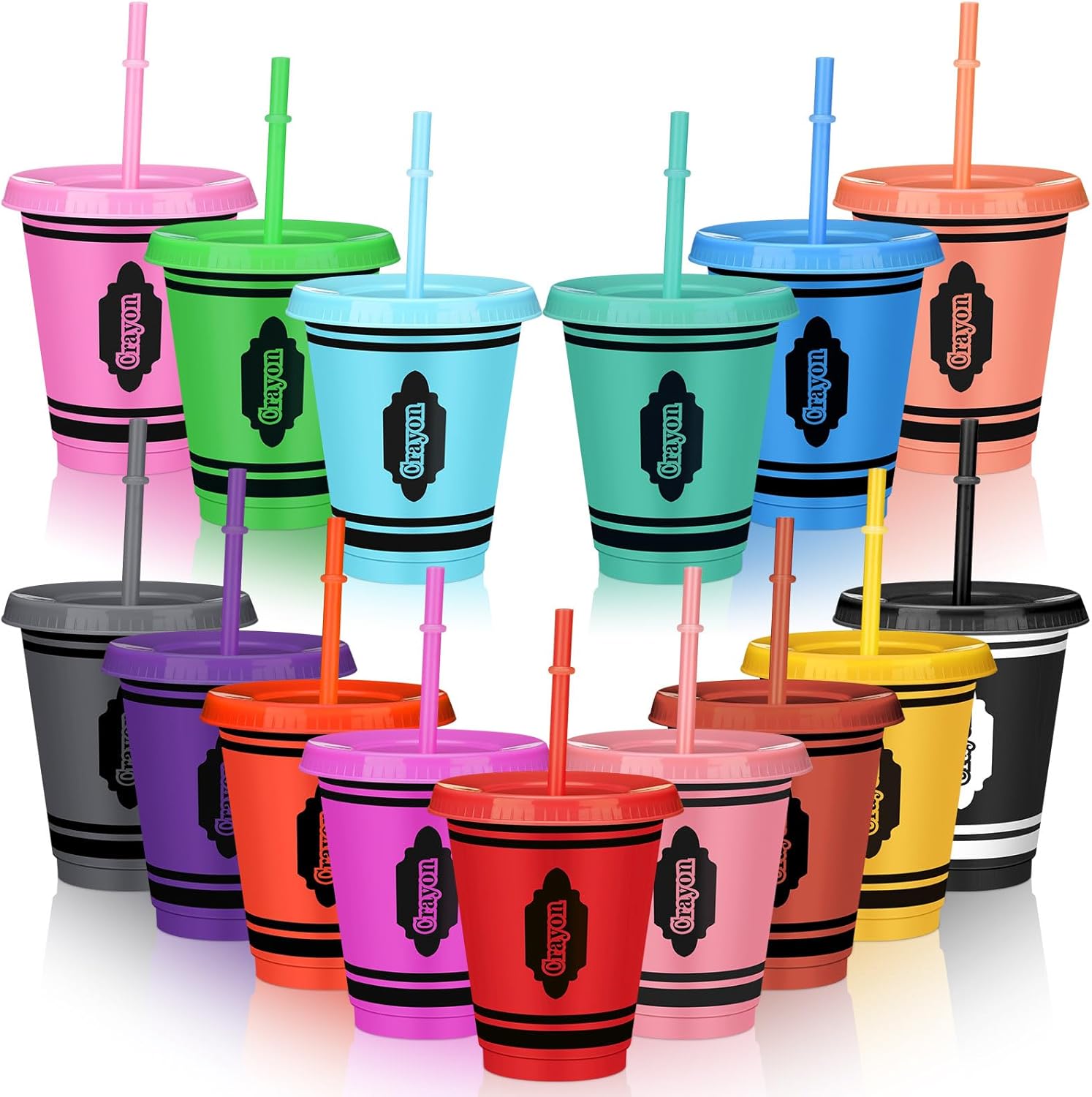 Rtteri 15 Pcs Crayon Cups with Lid and Straw Teacher Appreciation Tumblers Gift Bulk 16 oz Reusable Plastic Cups Crayon Party Favors for Graduation Back to School Party Supplies