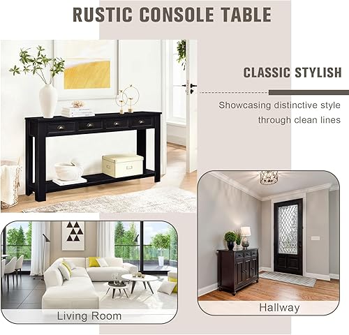 Miniatura 9 de Mesa consola de sofá de 60 pulgadas de largo, mesa de sofá de madera estrecha, mesas de entrada con 4 cajones y estante inferior abierto de