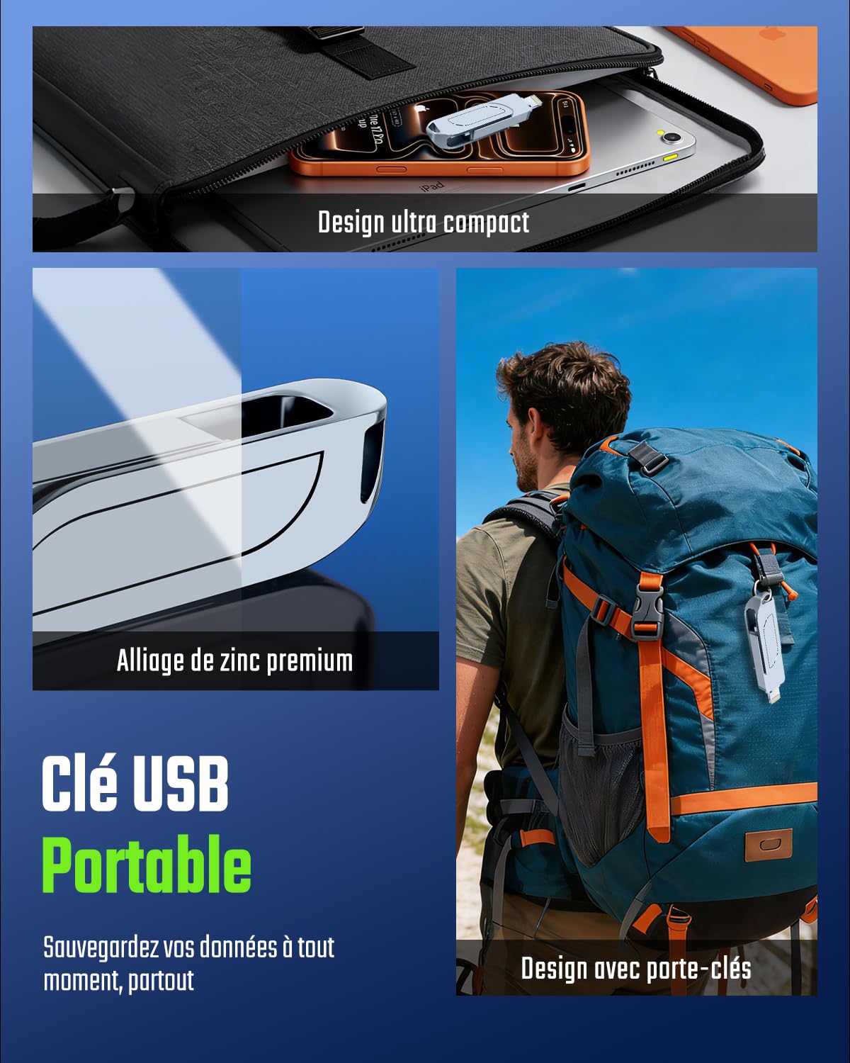 [sans App] Cle USB 256 Go,MFi Clé USB C pour iPhone,Lightning,USB 3.0,Gris