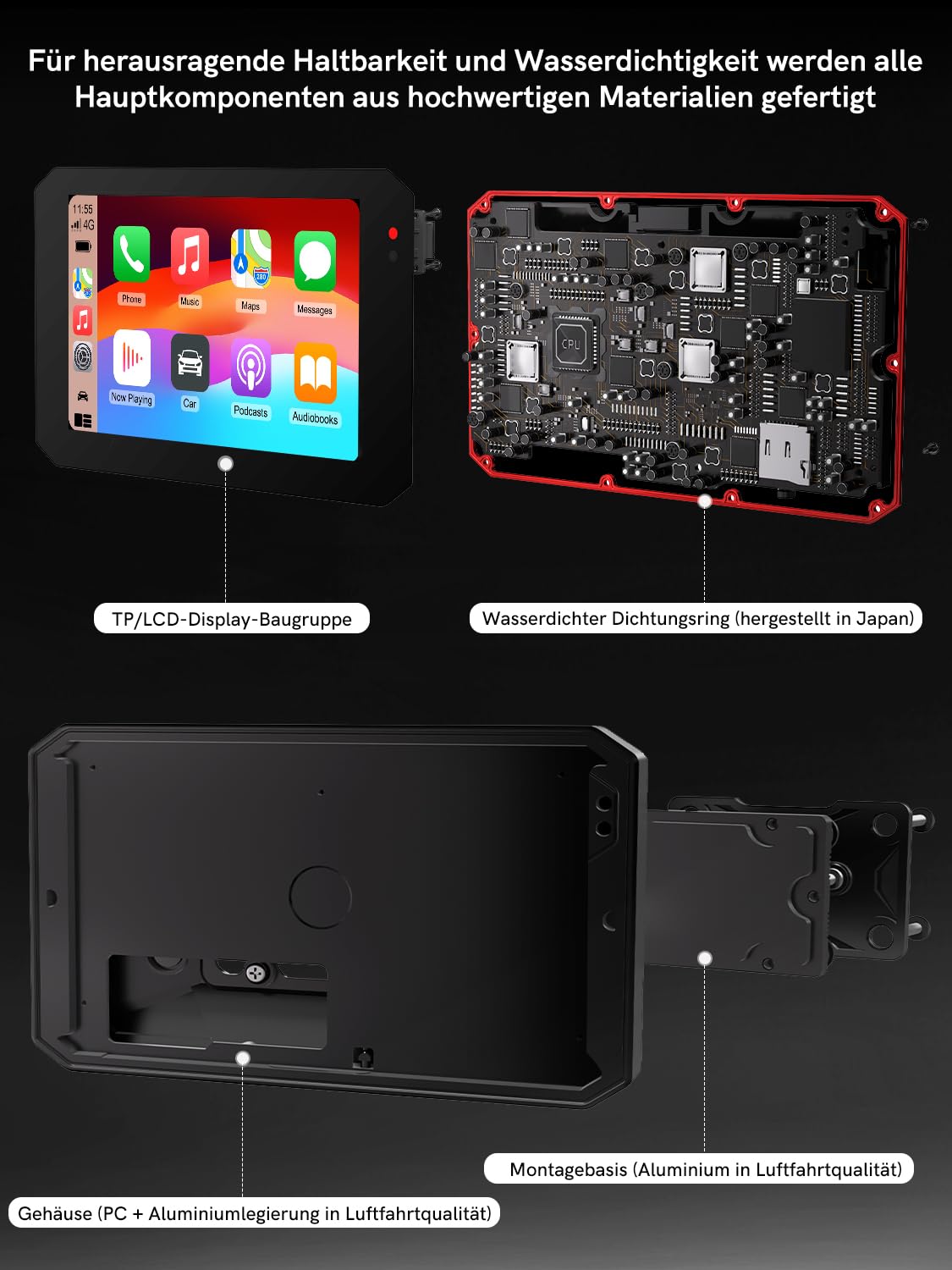 Motorrad Navi Display, CarPlay- & Android Auto kompatibel, 5 Zoll Wasserdichtem Touchscreen, Integriertes GPS, IP68 Wasserdicht, Front-/Rückkameras Motorrad Fahrrekorder