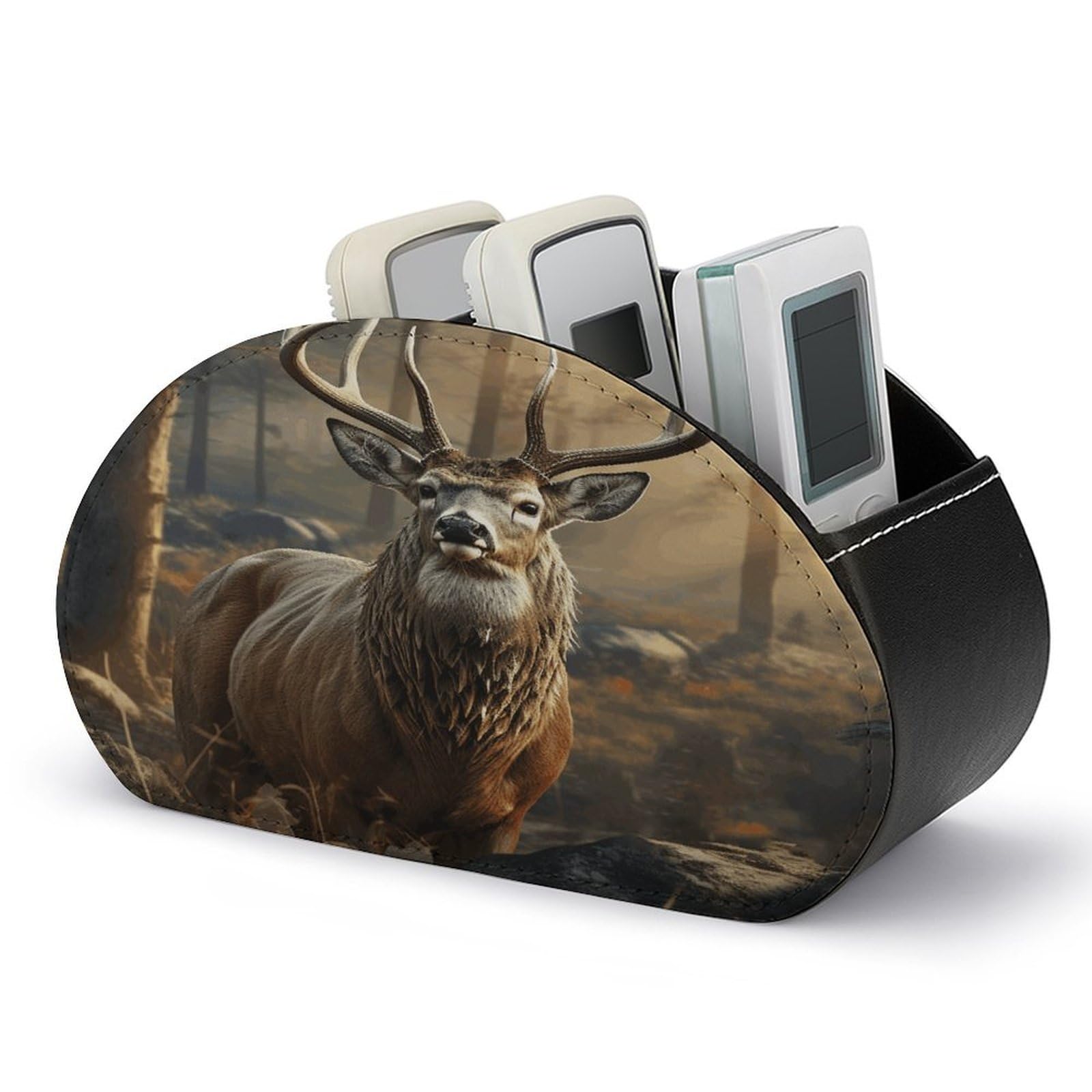 FekiLoot Deer Hunting Season Remote Control Holder, PU Leather Remote Control Organizer Box Stationery Remote Control Box Desk Storage Organizer for DVDs,Glasses,Pens,Media Players