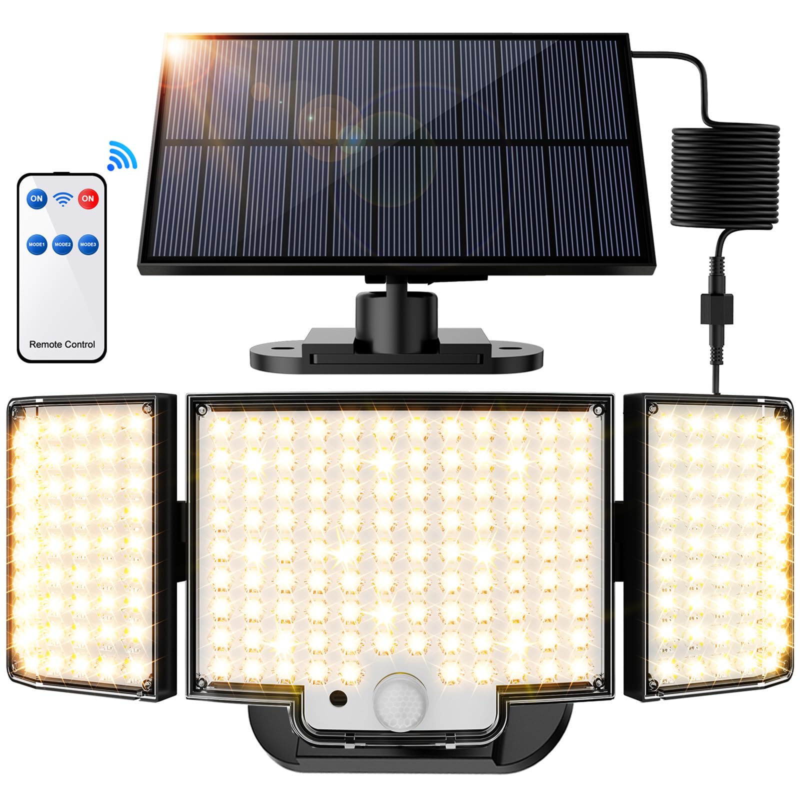 SIGRILL Luz Solar Exterior 212 LED, Focos Led Exterior Solares Sensor de Movimiento, 2200mAh Luces Solares IP65 Impermeable, Lampara Solar con Mando a Distancia (1 Paquete - Blanco Cálido)