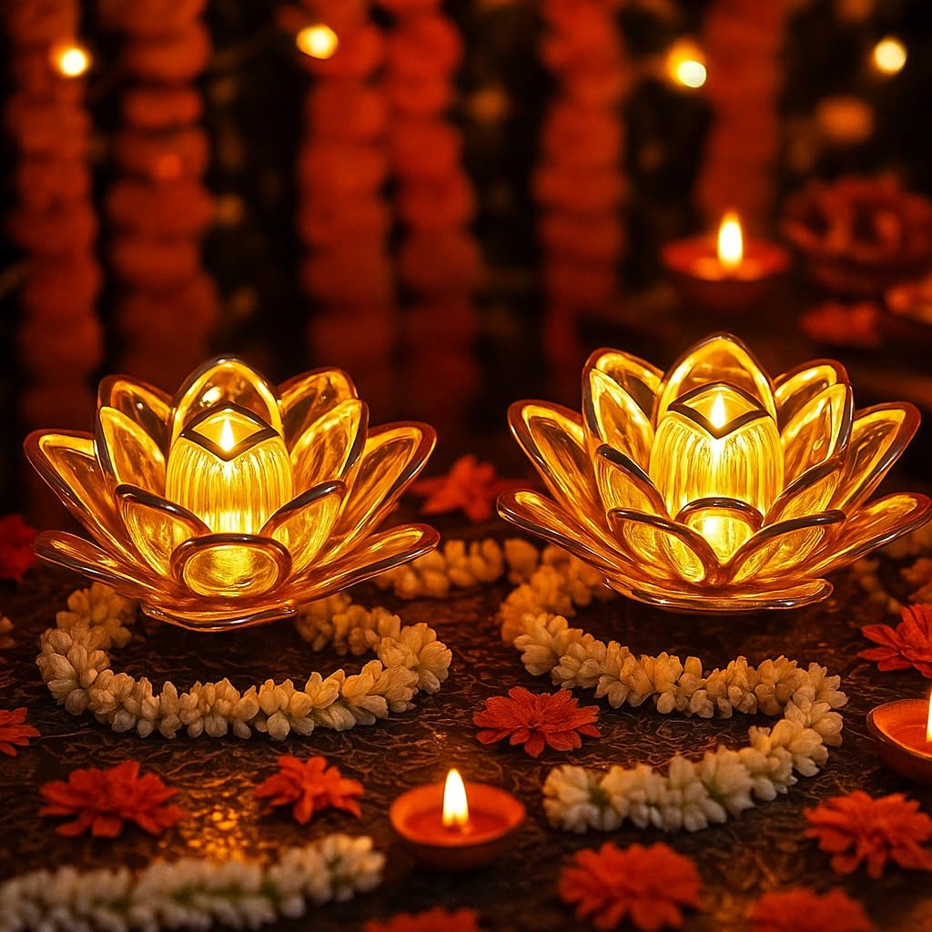 Set of 2 Crystal Lotus LED Diya Lamps for Diwali Decoration | Battery Operated Akhand Jyoti for Home Mandir | Flameless Electric Tealights for Pooja, Gifting, Home and Festive Decor (Golden)-image-6