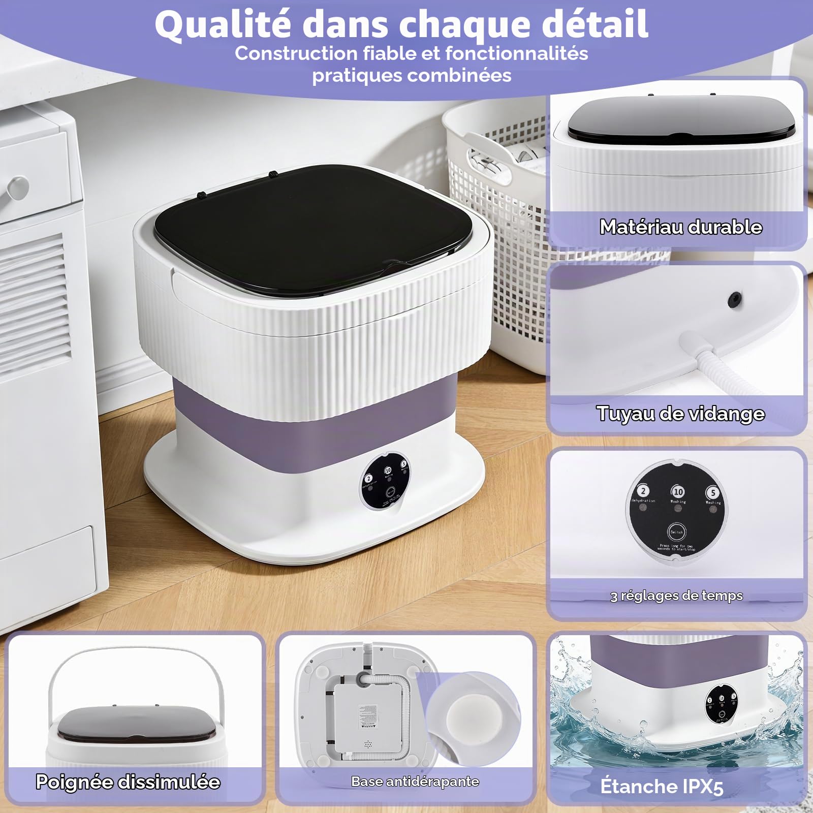 Mini Machine à Laver Portable 10L Pliable Lave Linge Compact | 3 Modes de Nettoyage & Panier D'essorage Amovible, Classe Énergétique E pour Appartements, Dortoirs, Camping & Voyages
