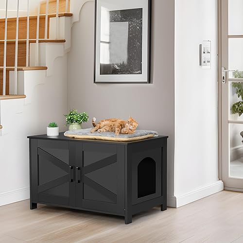Miniatura 7 de Caja de arena para gatos, muebles ocultos con puerta de granero, muebles de madera para baño, casa de gato, se adapta a la mayoría de cajas de