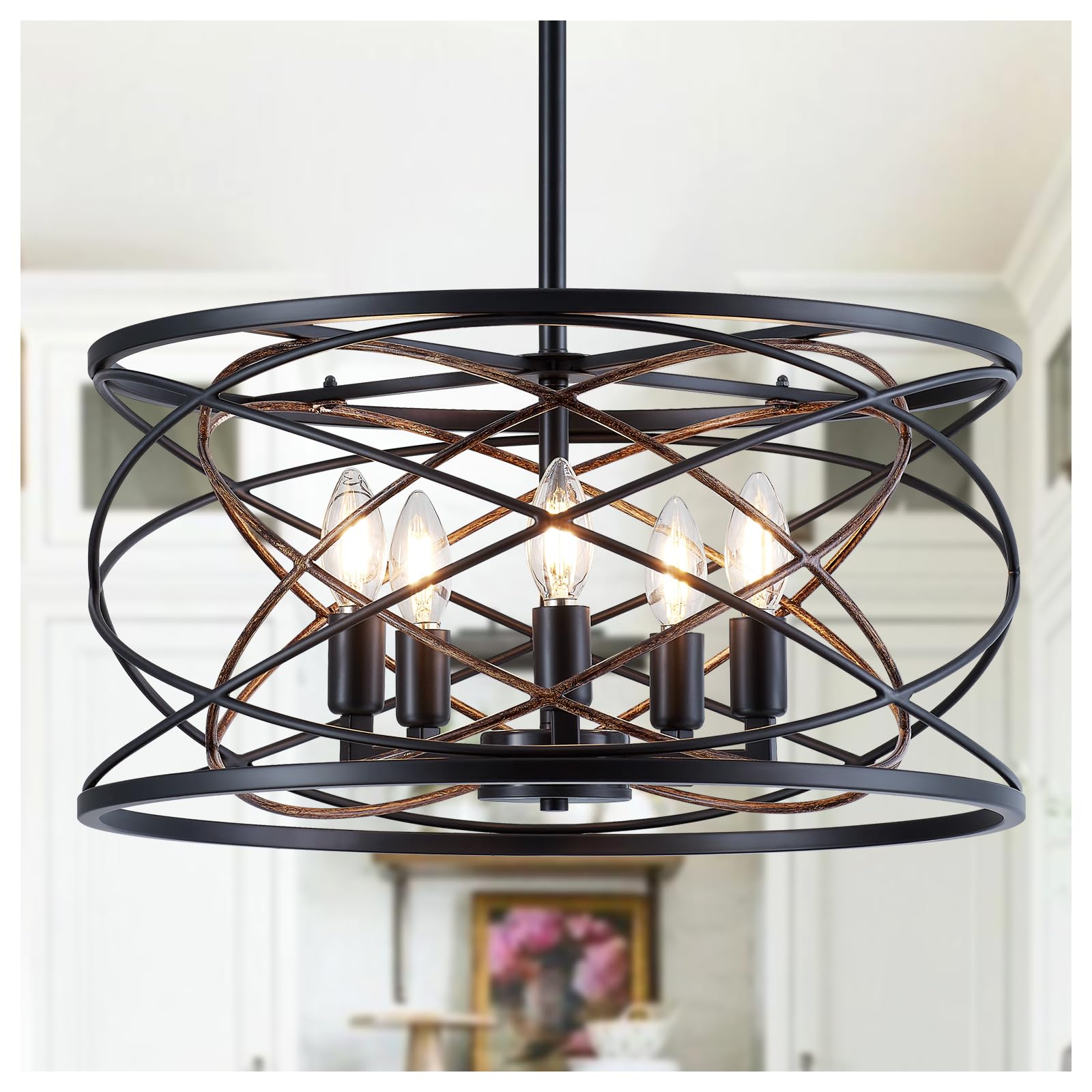 Photo 1 of Drum Chandelier Light Fixture Vintage Modern Farmhouse 5-Lights Black Chandelier with Brush Gold Rustic Industrial Drum Chandelier for Dining Room, Bedroom, Kitchen, E12