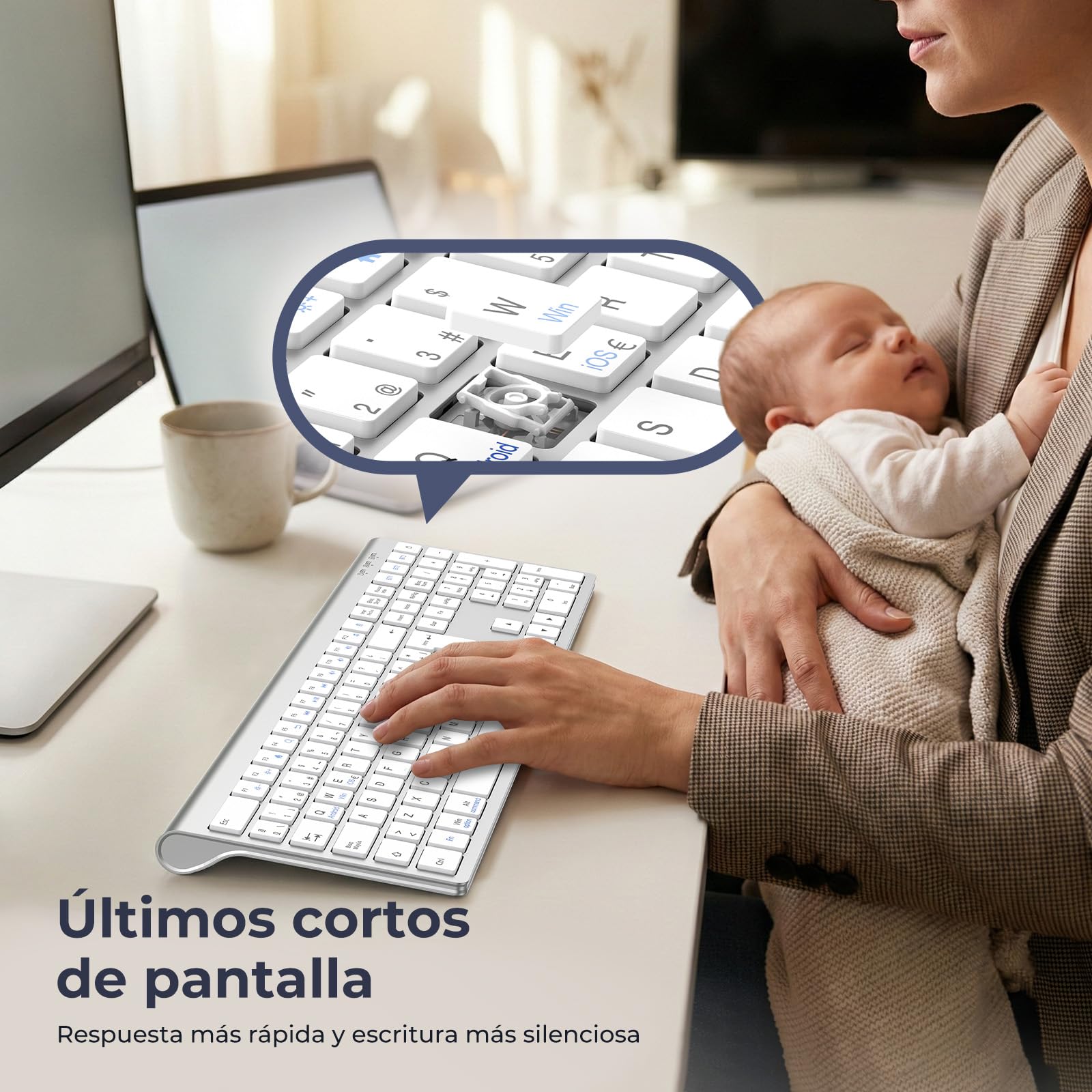 cimetech Teclado Bluetooth Recargable, QWERTY Español Layout, Teclado Inalámbrico EasyTyping Teclado de diseño ergonómico, Ultrafino para Ordenador/PC/portátil/Windows 10(Plata)