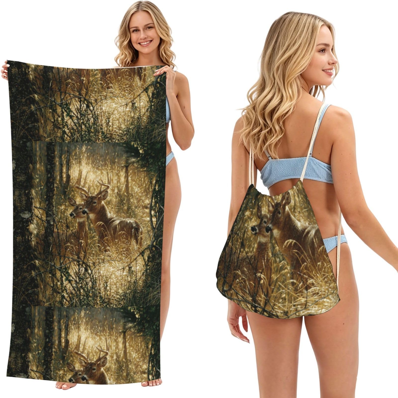 Poadnly As Picture Print Nature Wild Animal Deers, 2 In 1 Packable Towel Bag, Beach Towels With Drawstring Backpack For Travel Holiday Camping