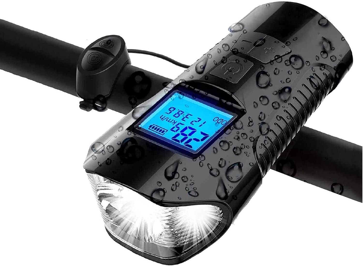 The Lights on The Handlebars Bike Light Set USB Rechargeable Bicycle Light Front Back Super Bright Waterproof Bicycle Odometer Speedometer 4 Light Modes & Trumpet Fits All Bicycles, Mountain, Road