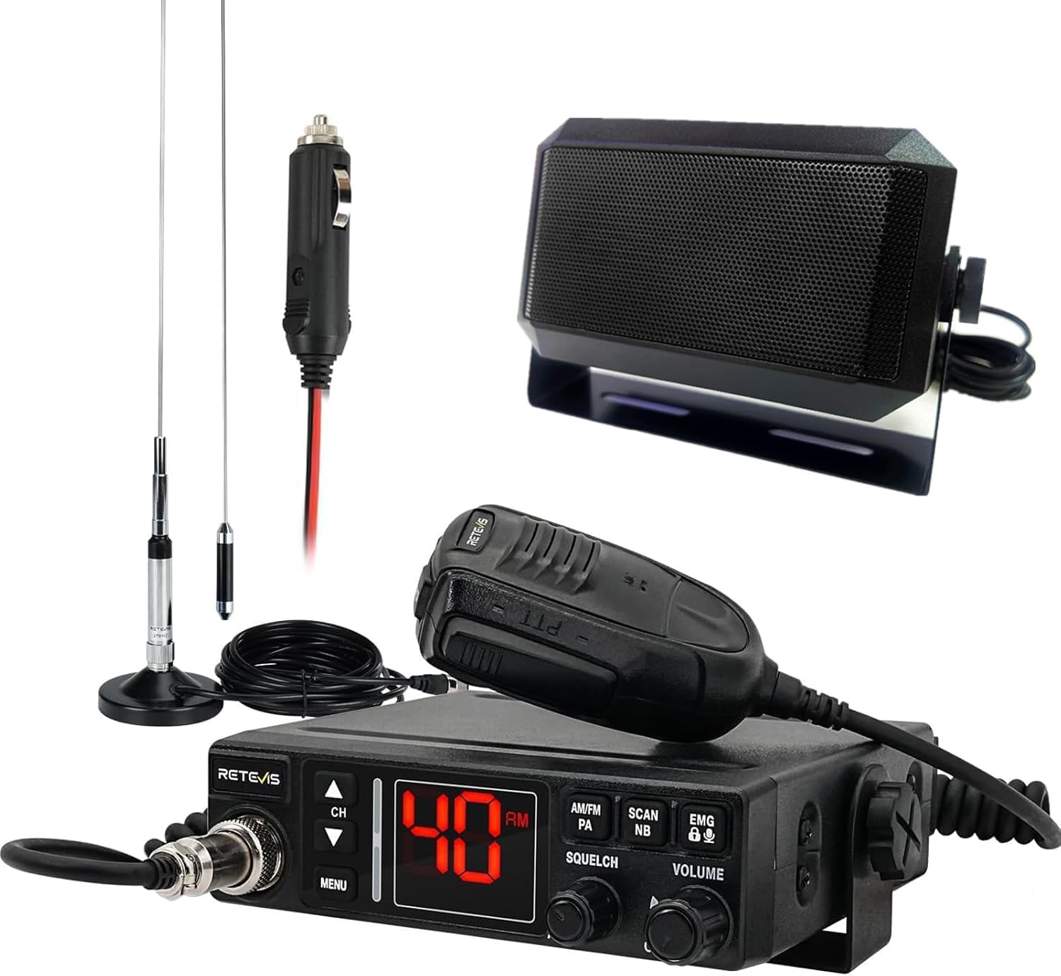Retevis MB3A AM/FM CB Radio Kit with External Speaker, 40-Channel, Long Range Trucker Radio with Antenna, 12V/24V Cigarette Lighter, PA, Noise Limiter, Emergency Channels 9/19, Cooling System