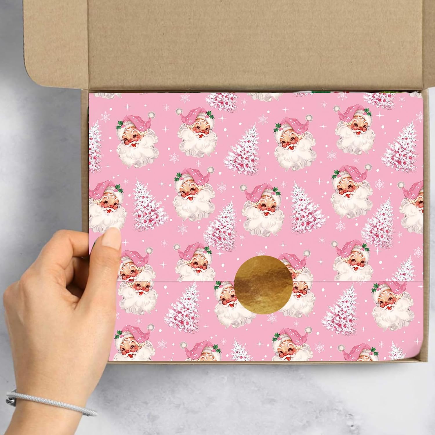 Whaline 100 Sheets Christmas Tissue Paper Pink Xmas Tree Santa Gift Wrapping Paper Decorative Art Paper for Winter Home Party DIY Crafts, 14 x 20 Inch