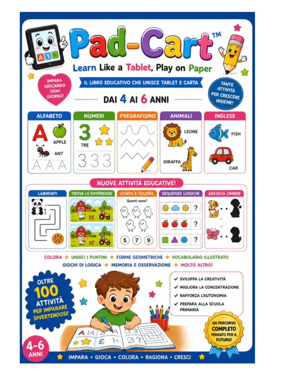 Libro Prescolare Pad-Cart™ - Imparo Lettere, Numeri e Inglese Giocando: Libro educativo per bambini dai 4 ai 6 anni con esercizi, pregrafismo, inglese e attività creative