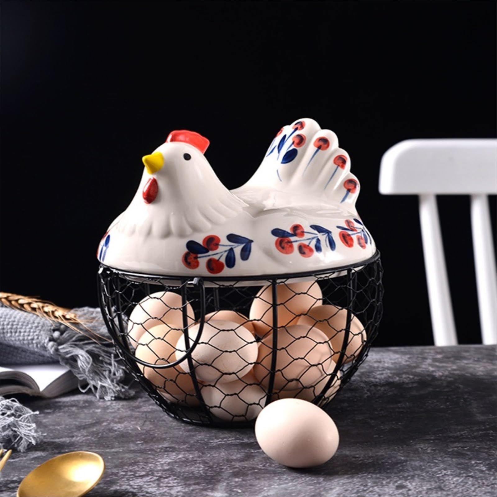 Cesta para La Recogida De Huevos Cesta De Huevos Alambre Metal para Almacenamiento Cocina, Caja Organizadora Frescos con Cubierta Pollo Granja Cerámica para Mostrador