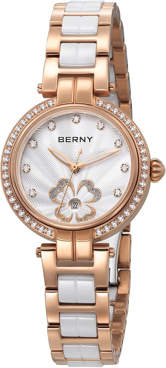 BERNY Gold Watch for Women Dainty Women's Wrist Watch Waterproof Small Ladies Watch Female Analog Quartz Watch Stainless Steel Ceramic Band Sapphire Crystal Date Calendar Luxury Birthday Present