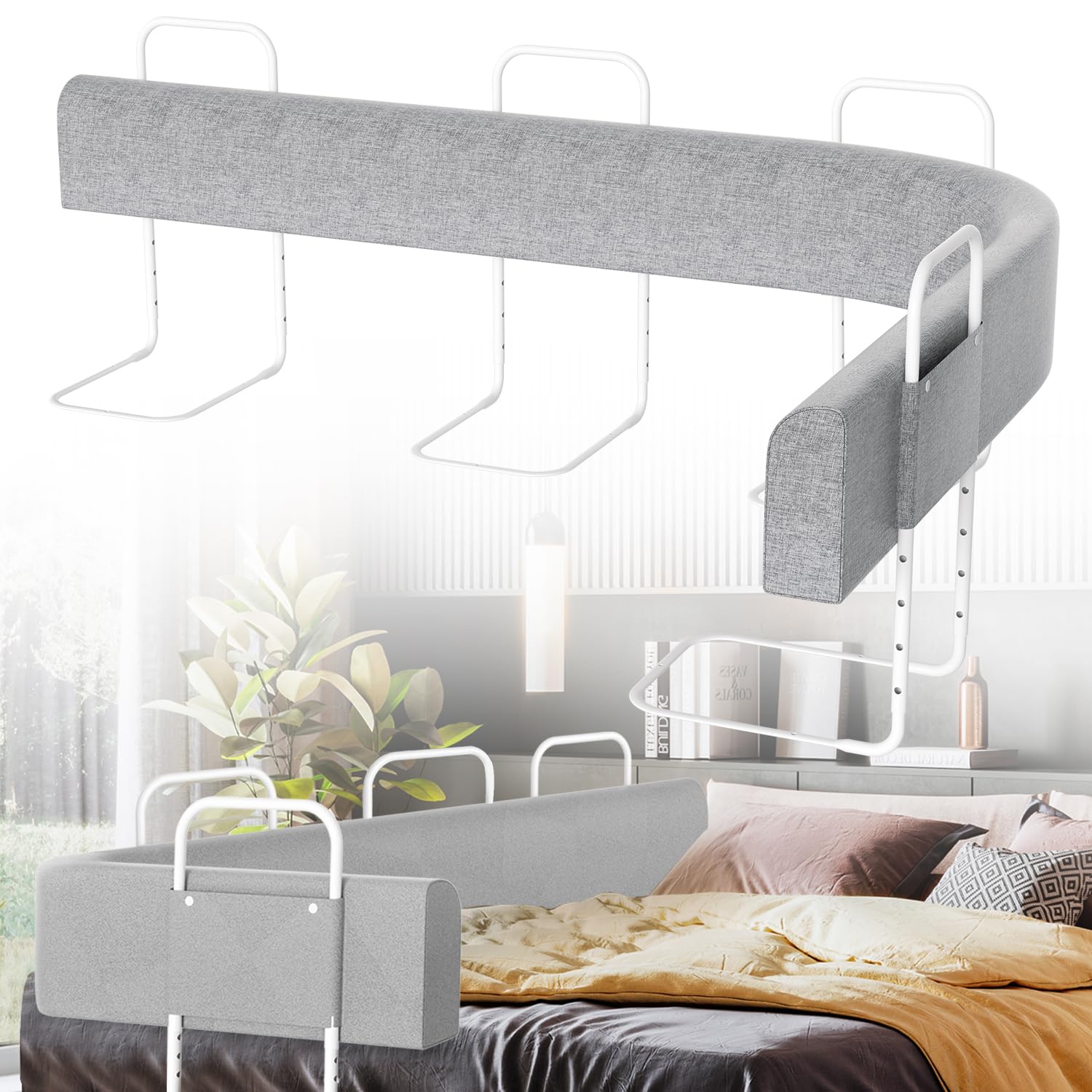 2 barandillas de cama para niños de 200 cm, 5 agujeros, altura regulable, protección anticaídas, barandilla plegable, fácil de montar, color gris
