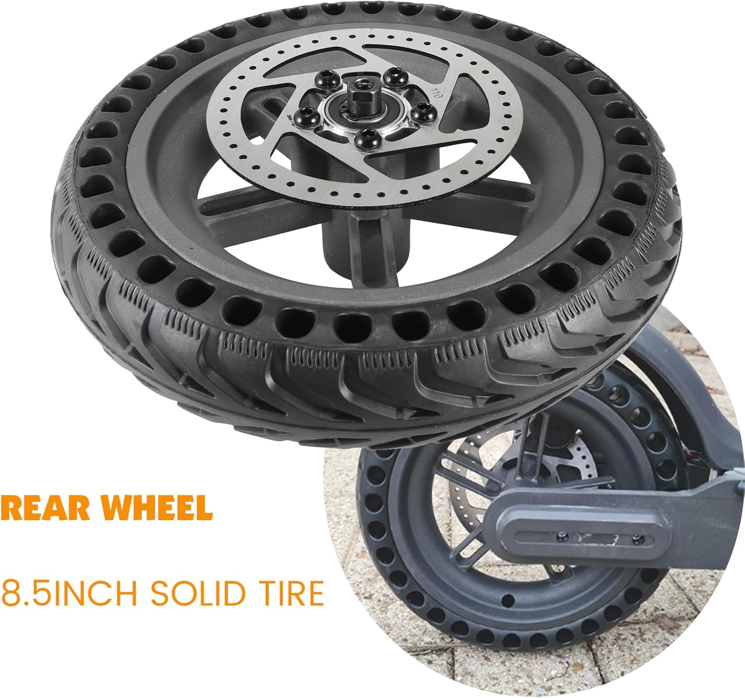 8.5 inch Solid Tire with hub，Explosion-Proof Solid Tire Wheel Hub 110mm brake rotors Set，Shock Absorbing Scooter Tubeless Tyre compatible with Mi M365/1s gotrax Electric Scooter parts