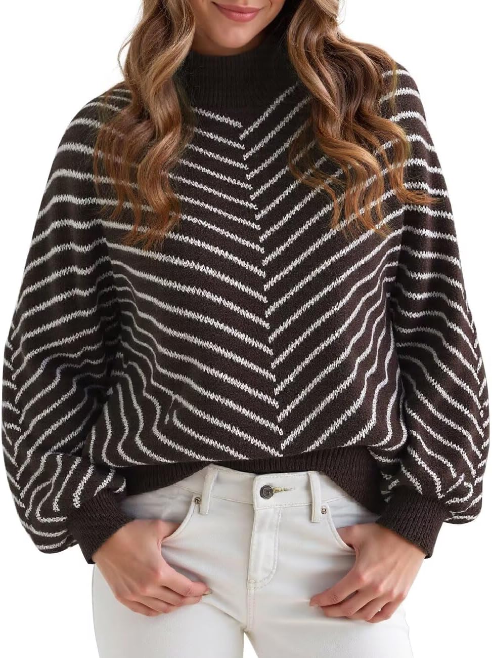 Upopby Women's Striped Fall Winter Sweaters for Women Trendy Turtleneck Lantern Sleeve Knitted Pullover Sweater Jumper Tops