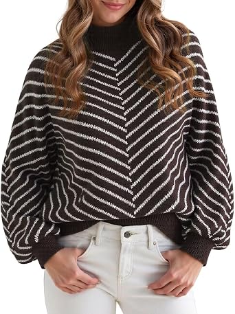 Upopby Womens Striped Fall Winter Sweaters for Women Trendy Turtleneck Lantern Sleeve Knitted Pullover Sweater Jumper Tops
