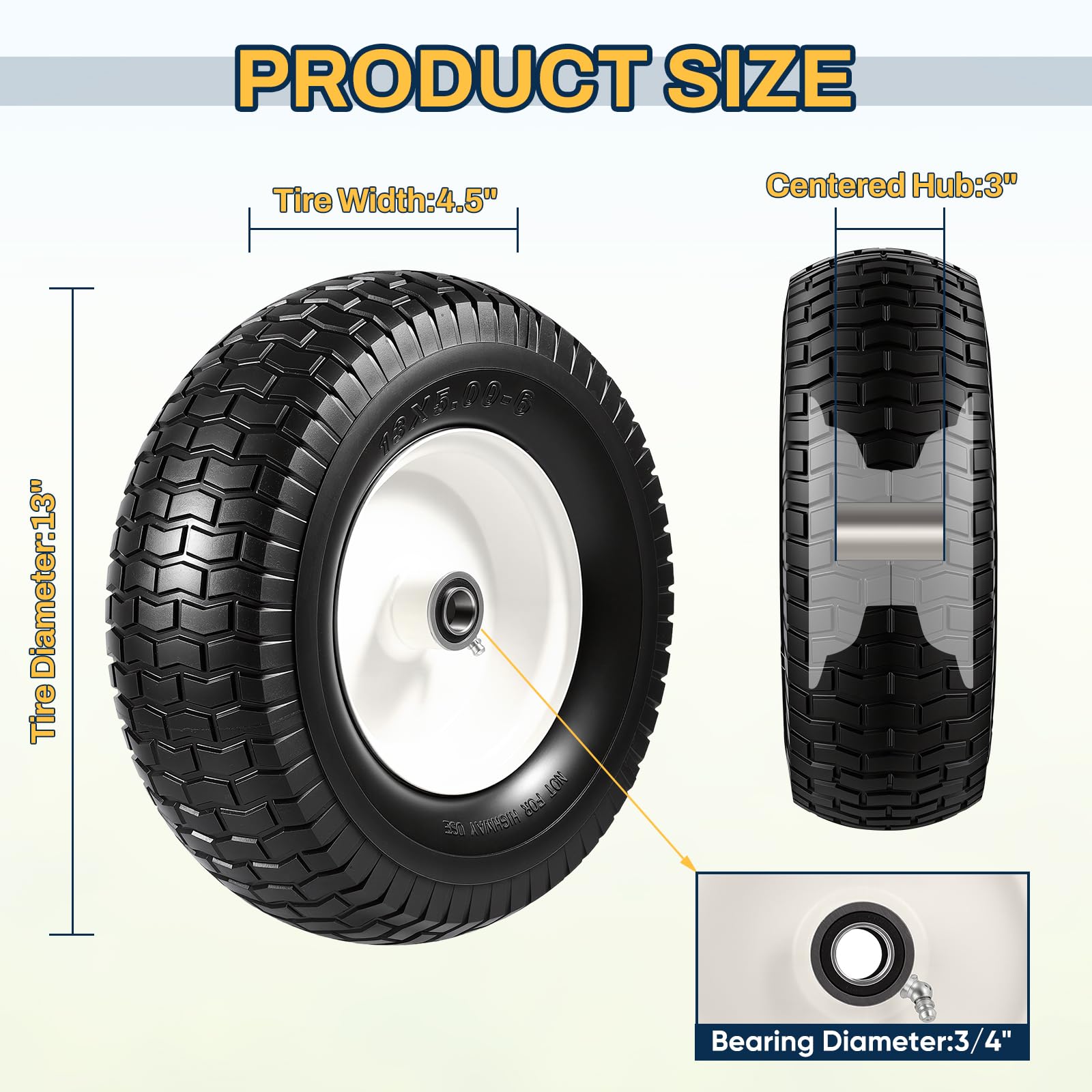 Paquete de 2 conjuntos de neumáticos y ruedas planos de 13 x 5.00-6, neumáticos de rubbe sólido de 13 x 5-6 y rueda para cortacésped, con bujes de 0.75 pulgadas y rodamientos de 0.62 pulgadas, cubo