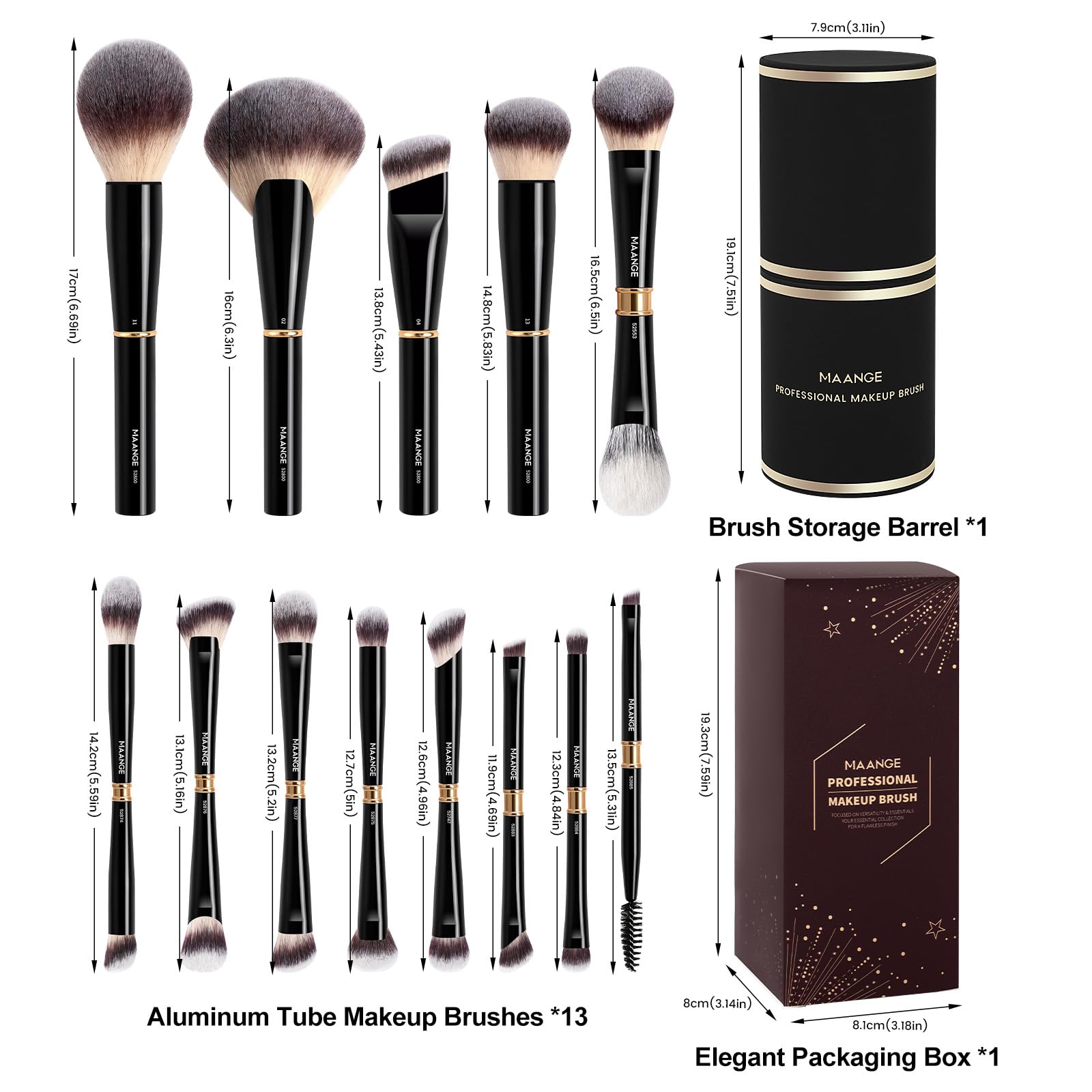 MAANGE Juego de 13 brochas de maquillaje con estuche, brochas de maquillaje de doble extremo, base, contorno, polvo, rubor, sombra de ojos, brocha Kabuki, kit completo de maquillaje facial y ojos para