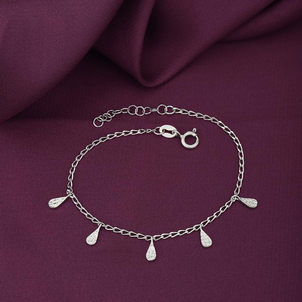 Vanbelle Jewelry Sterling Silver - Rhodium Plated with 925 Stamp - Dangling Textured Charm Bracelet - Beautifully Handmade for Women - 16.5cm Long + 2.5cm Extender - Image 5