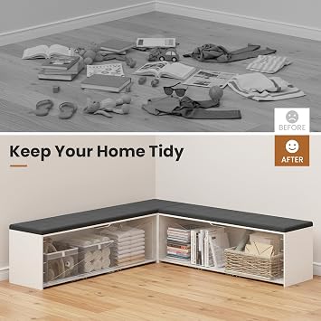 Apicizon L Shaped Storage Bench with Storage, 63 Breakfast Nook Dining Bench with Cushion, Kitchen Dining Corner Bench for Dining Room Entryway Living Room, Beige White