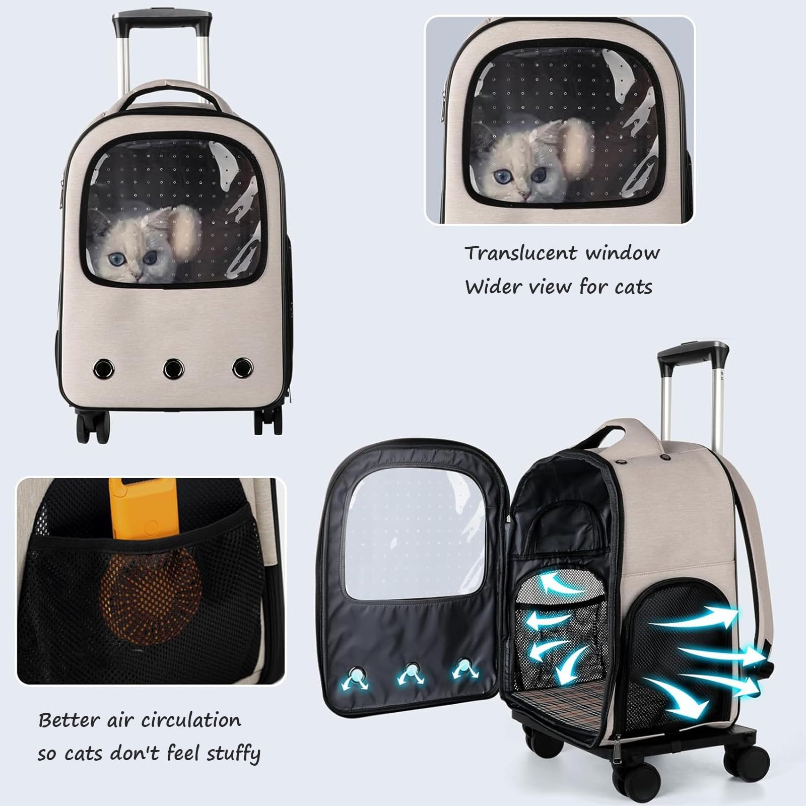 Sac À Dos pour Animaux De Compagnie, Sac De Transport À roulettes pour Animaux De Compagnie,Sac À Dos Roulant pour Chat avec Fenêtres D'aération en Maille,Sac À Dos Poussette,Beige
