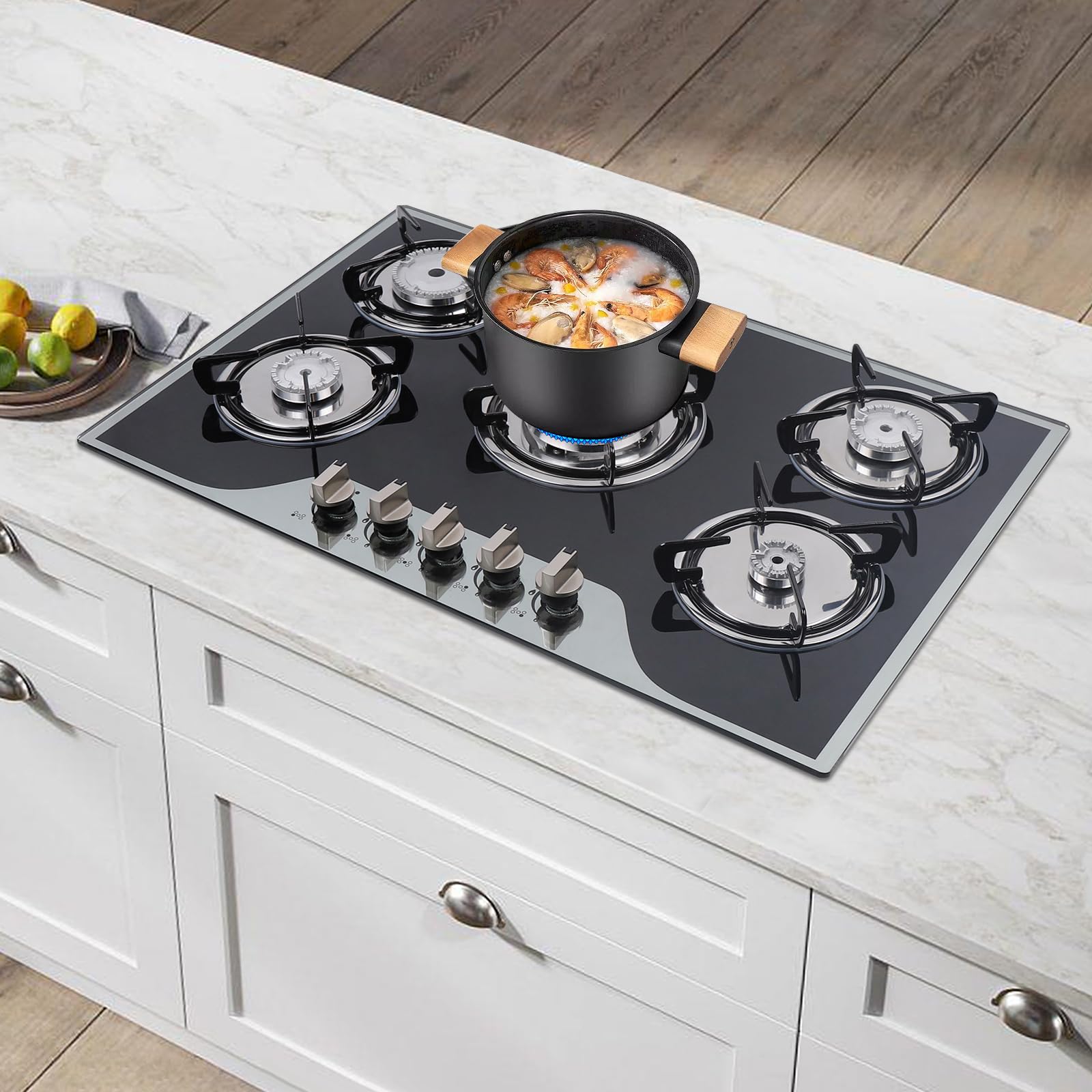 5-palnikowa płyta gazowa do zabudowy, płyta gazowa LPG/NG, 77 cm, czarna kuchenka szklana, automatyczny zapłon akumulatora, płyta ceramiczna, do domu, restauracji, hoteli