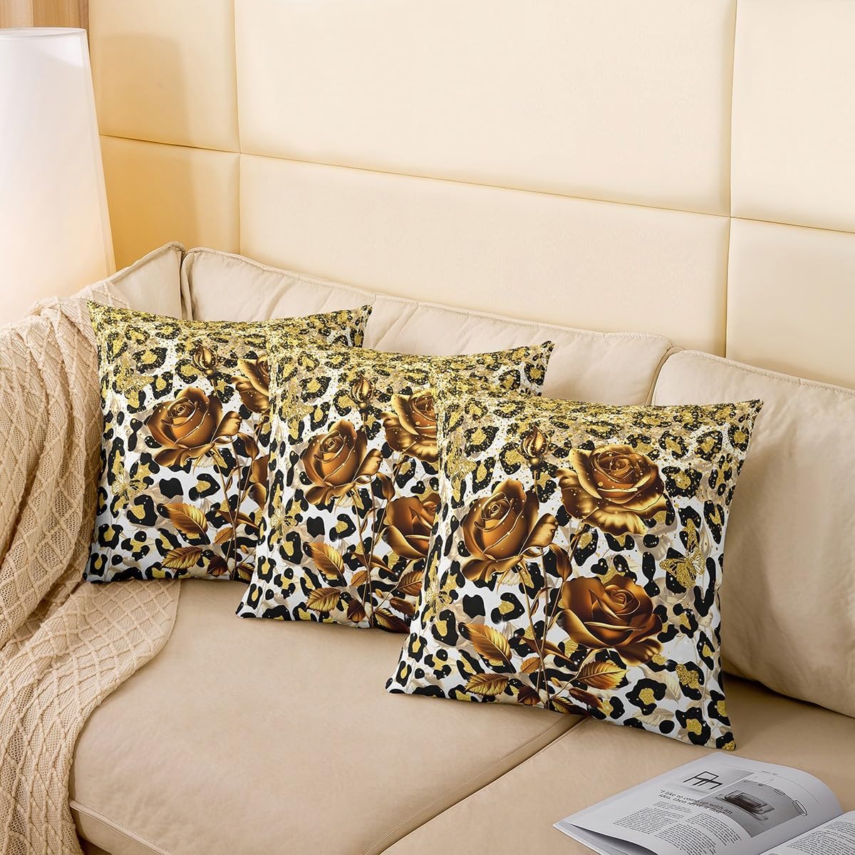 Castle Fairy Wild Cheetah Fur Reversible Print Pillow Cover 4 Pack,Leopard Print Decorative Cushion Cover,Gold Rose Flower Couch 20"x 20" Pillow Cover for Sofa Bed