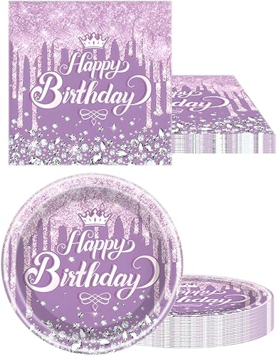 Miniatura 5 de Juego de vajilla para fiesta color morado, 20 platos y 20 servilletas y manteles de 71 x 42 pulgadas, para niñas y mujeres, suministros de fiesta de