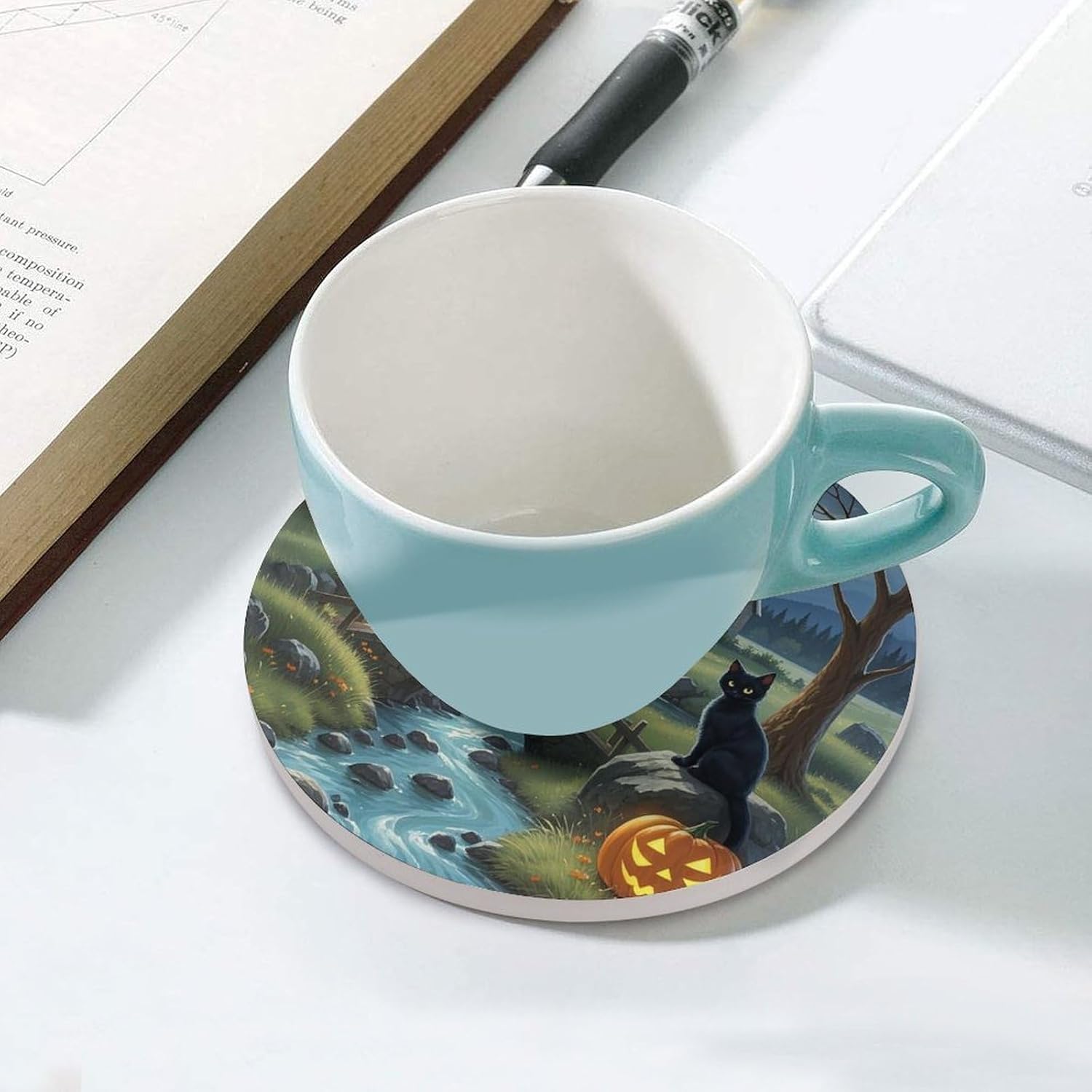 Full Moon Bridge Black Cat Coaster with Cork Base Drink Coasters for Coffee Table Decor Modern Cup Coasters with Non-Slip & Heat-Resistant Cute Ceramic Table Coaster for Home Dining