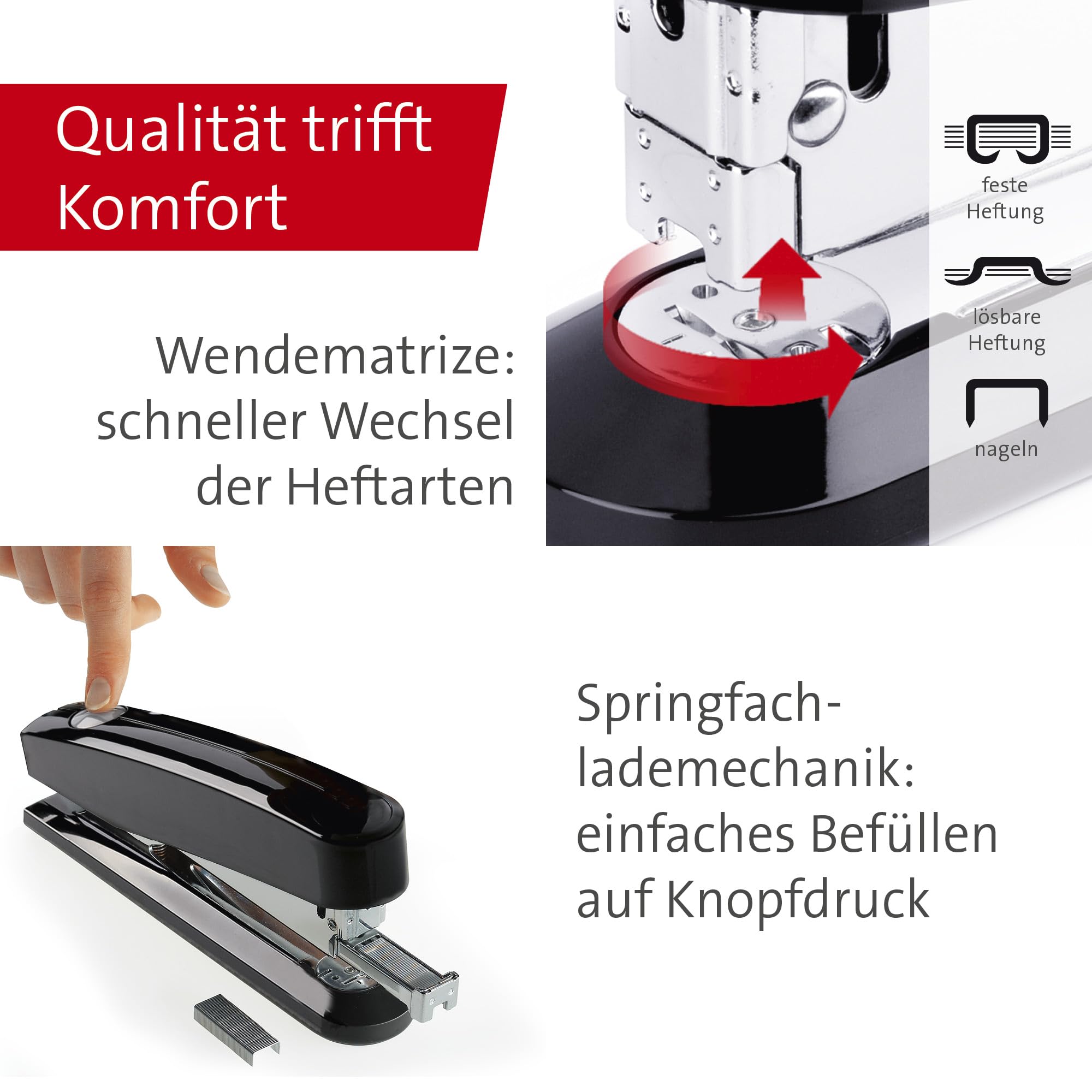 Novus B 7A Komfort Heftgerät (30 Blatt Heftleistung, Automatik-Funktion, inkl. 200 Klammern) schwarz glänzend