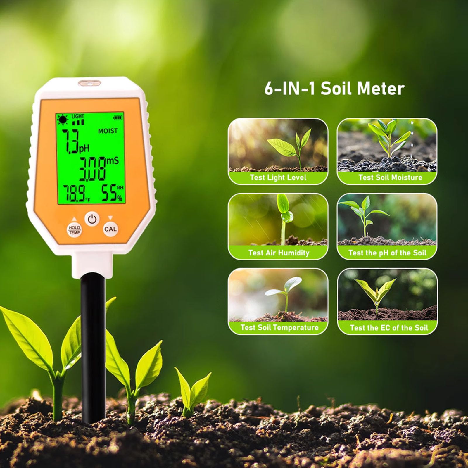 6 en 1 Medidor de Humedad del Suelo, Medidor de PH Digital/temperatura de la Planta/intensidad de Luz Solar, Pantalla LCD Retroiluminada, para Jardín, Césped, Plantas
