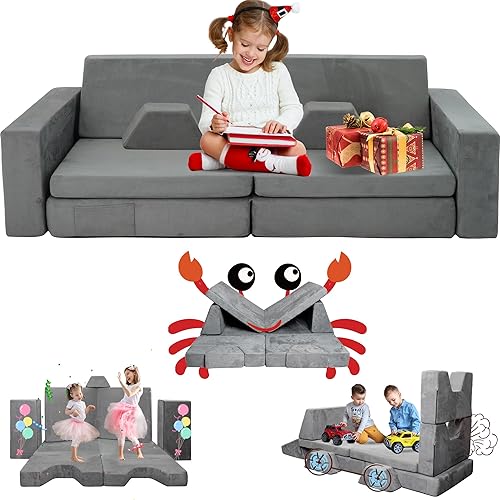 Sofá modular de juego para niños, 10 piezas, sofá modular para niños pequeños y bebés, sofá de construcción de fortaleza para niños, sofá de juego
