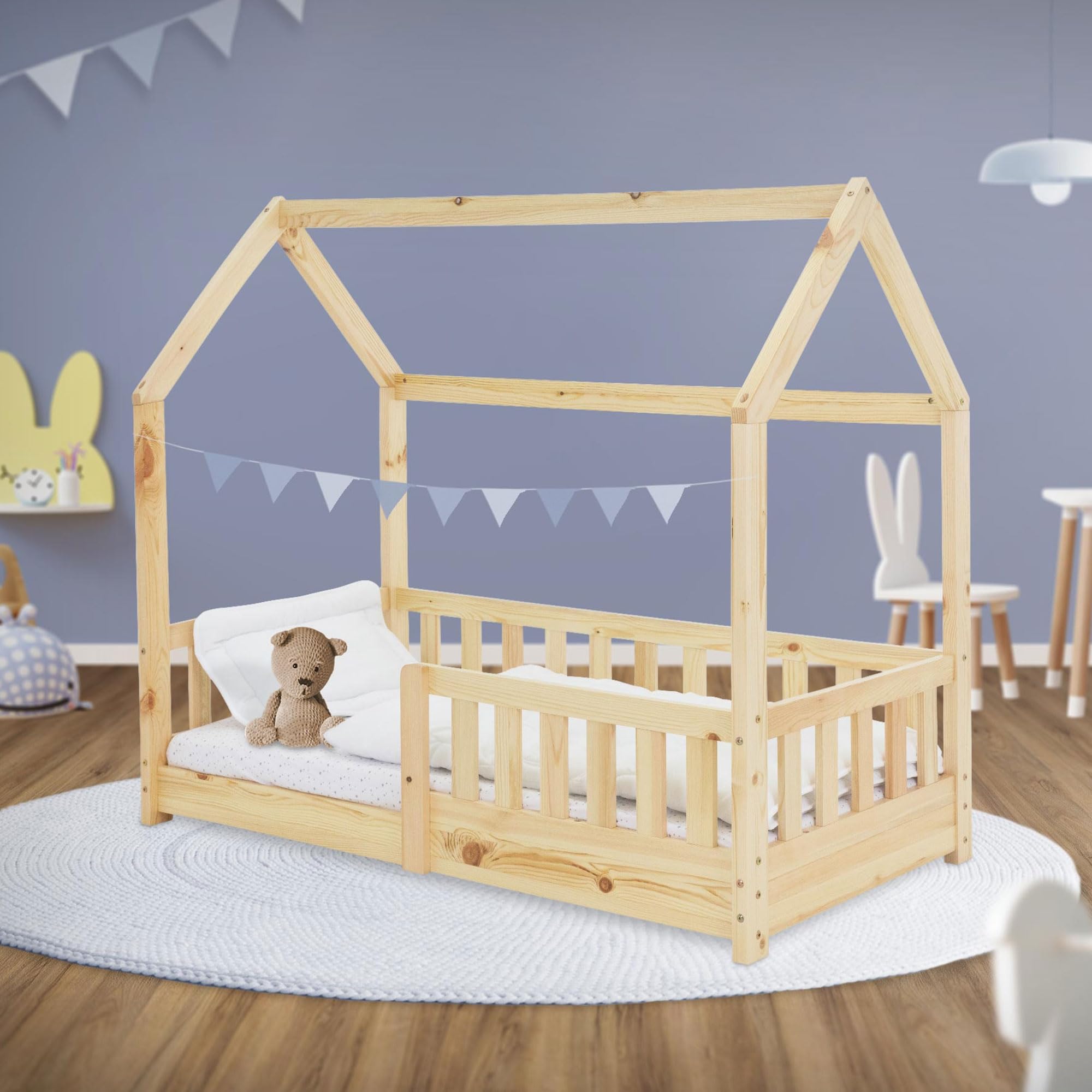 Lettino Bambini A Forma Di Casa - Letto Montessori In Legno Di Pino, 70x140cm, Bianco - Foto 2