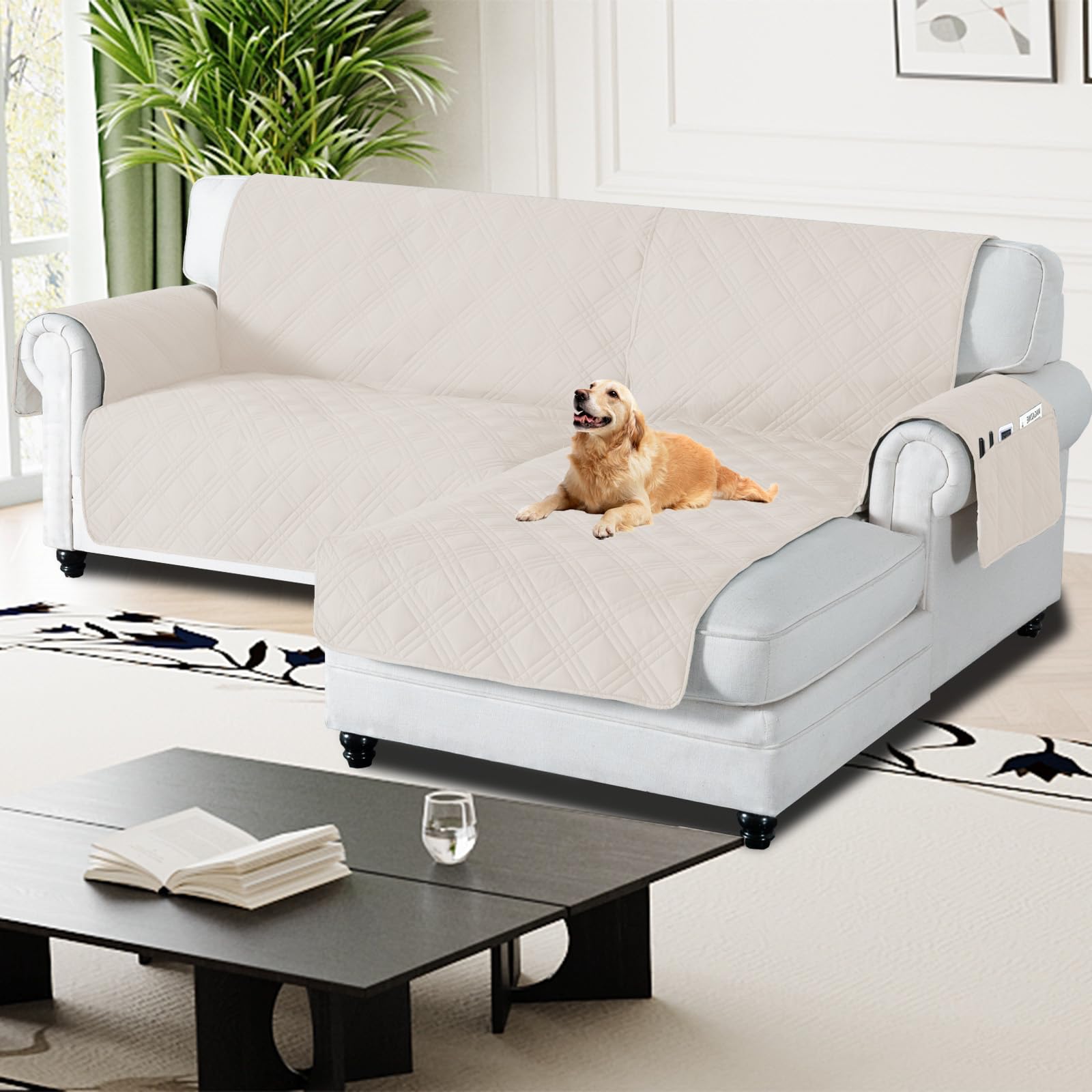 H.Versailtex 100% Waterproof Couch Covers for Sectional Sofa 2-Piece Couch Covers Sectional Chaise Sofa Cover L Shaped for Dogs Non Slip (Right Chaise Lounge Cover + 2 Seat Sofa Cover, Frenchoak)