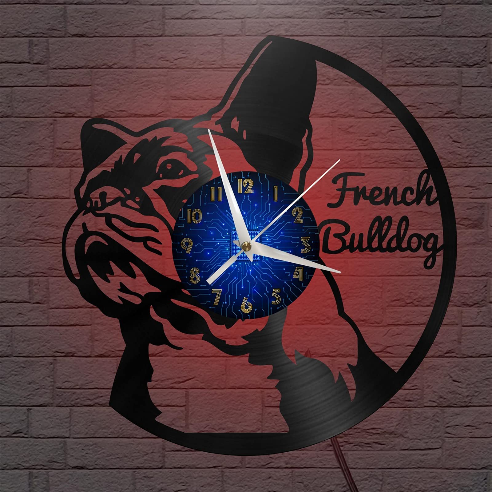 Vcs Blue French Bulldog Theme Vinyl Record Vintage Wall Clock For Kitchen(B,With Led)